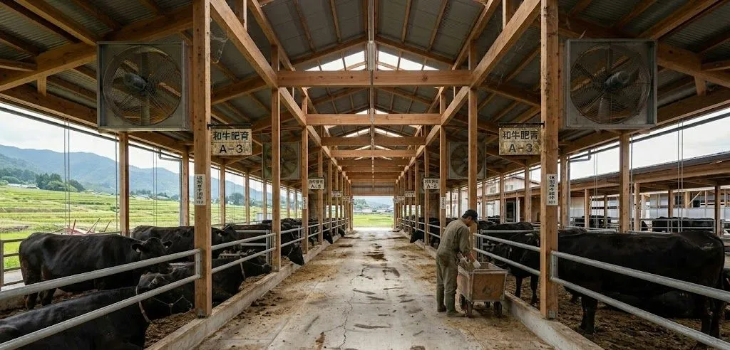 和牛肥育牛舎での給餌作業（イメージ）